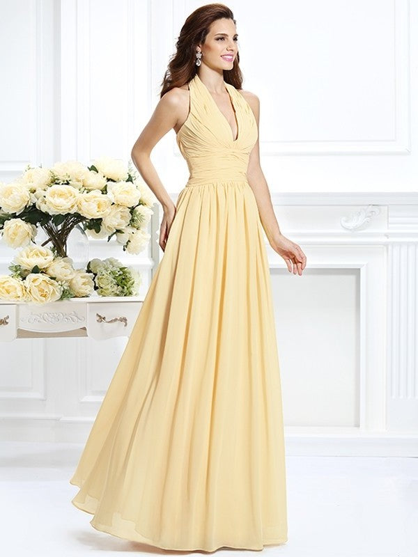 A-Line/Princess Halter Pleats Sleeveless Long Chiffon Bridesmaid Dresses DFP0002801