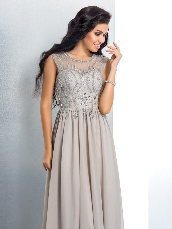 A-Line/Princess Sheer Neck Beading Sleeveless Long Chiffon Dresses DFP0002696