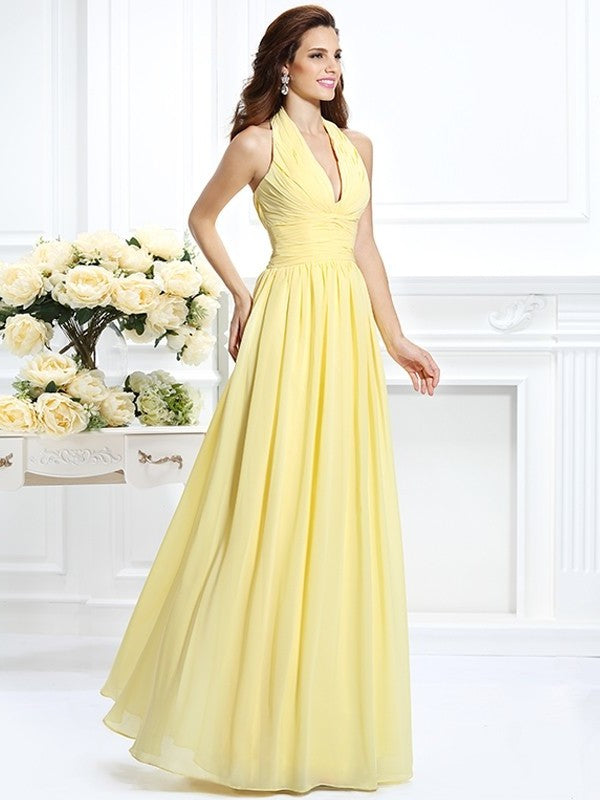A-Line/Princess Halter Pleats Sleeveless Long Chiffon Bridesmaid Dresses DFP0002801