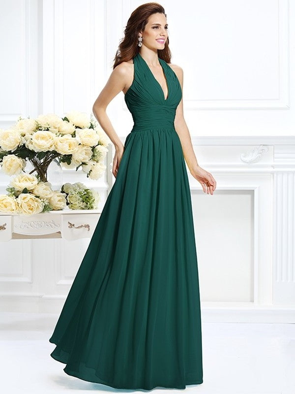 A-Line/Princess Halter Pleats Sleeveless Long Chiffon Bridesmaid Dresses DFP0002801