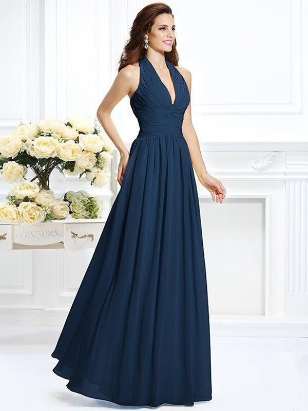 A-Line/Princess Halter Pleats Sleeveless Long Chiffon Bridesmaid Dresses DFP0002801