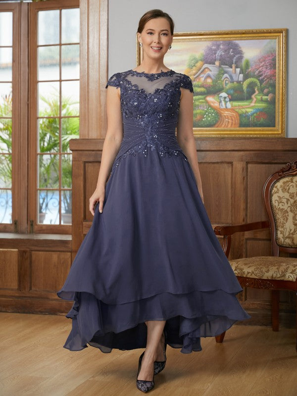 Brielle A-Line/Princess Chiffon Applique Scoop Short Sleeves Asymmetrical Mother of the Bride Dresses DFP0020307