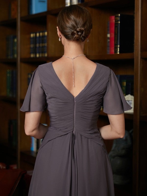 Jocelyn A-Line/Princess Chiffon Ruched V-neck Short Sleeves Floor-Length Mother of the Bride Dresses DFP0020304
