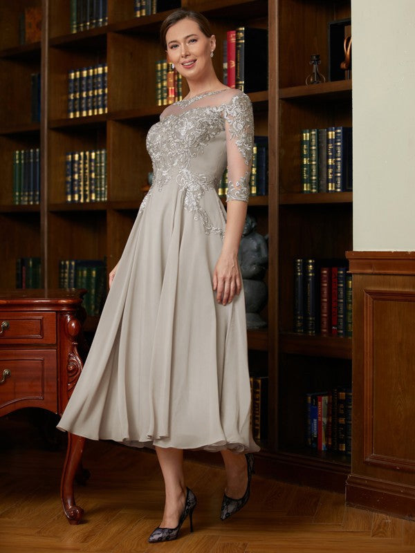 Alyssa A-Line/Princess Chiffon Lace Scoop 3/4 Sleeves Tea-Length Mother of the Bride Dresses DFP0020300