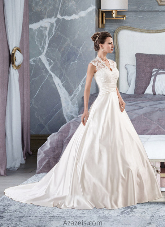 Madeleine Ball-Gown/Princess V-neck Court Train Satin Lace Wedding Dress With Ruffle DFP0013688