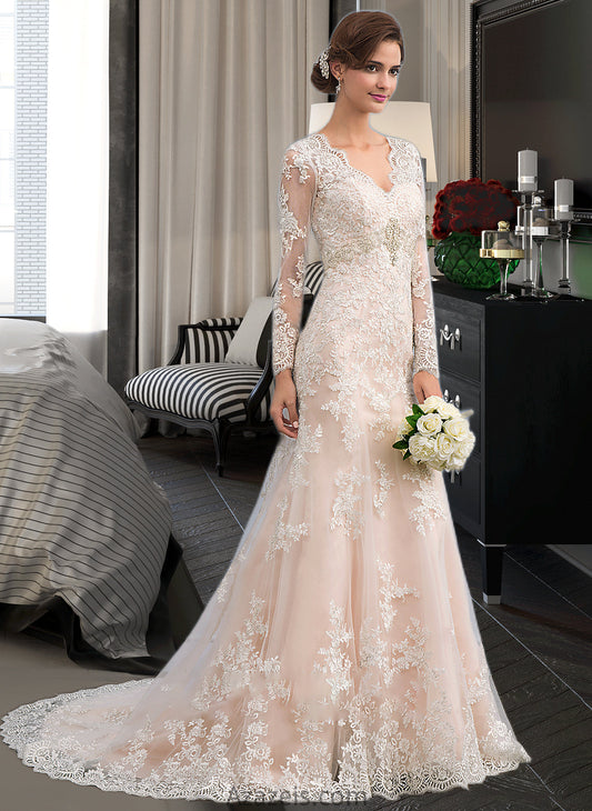 Jazlene Trumpet/Mermaid V-neck Court Train Tulle Lace Wedding Dress DFP0013694