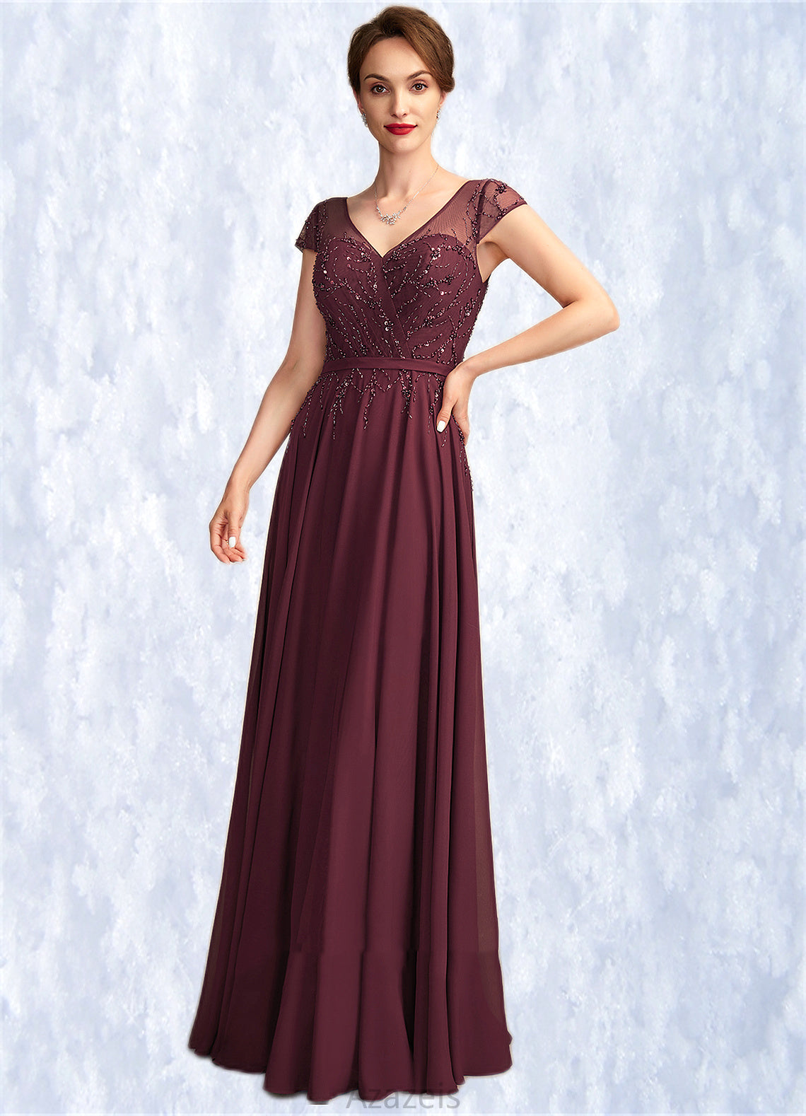 Kinsley A-Line V-neck Floor-Length Chiffon Mother of the Bride Dress With Beading Sequins DF126P0015028