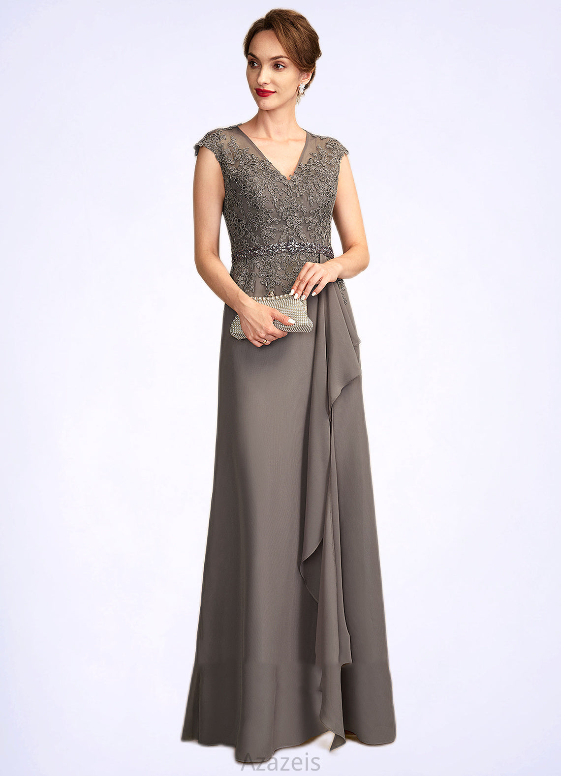 Ruby A-Line V-neck Floor-Length Chiffon Lace Mother of the Bride Dress With Beading Sequins Cascading Ruffles DF126P0015030