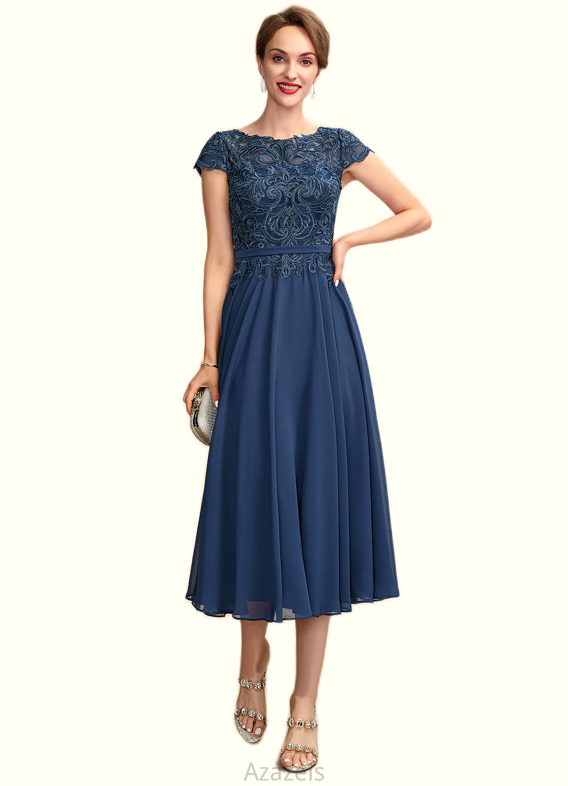 Willa A-Line Scoop Neck Tea-Length Chiffon Lace Mother of the Bride Dress DF126P0015032