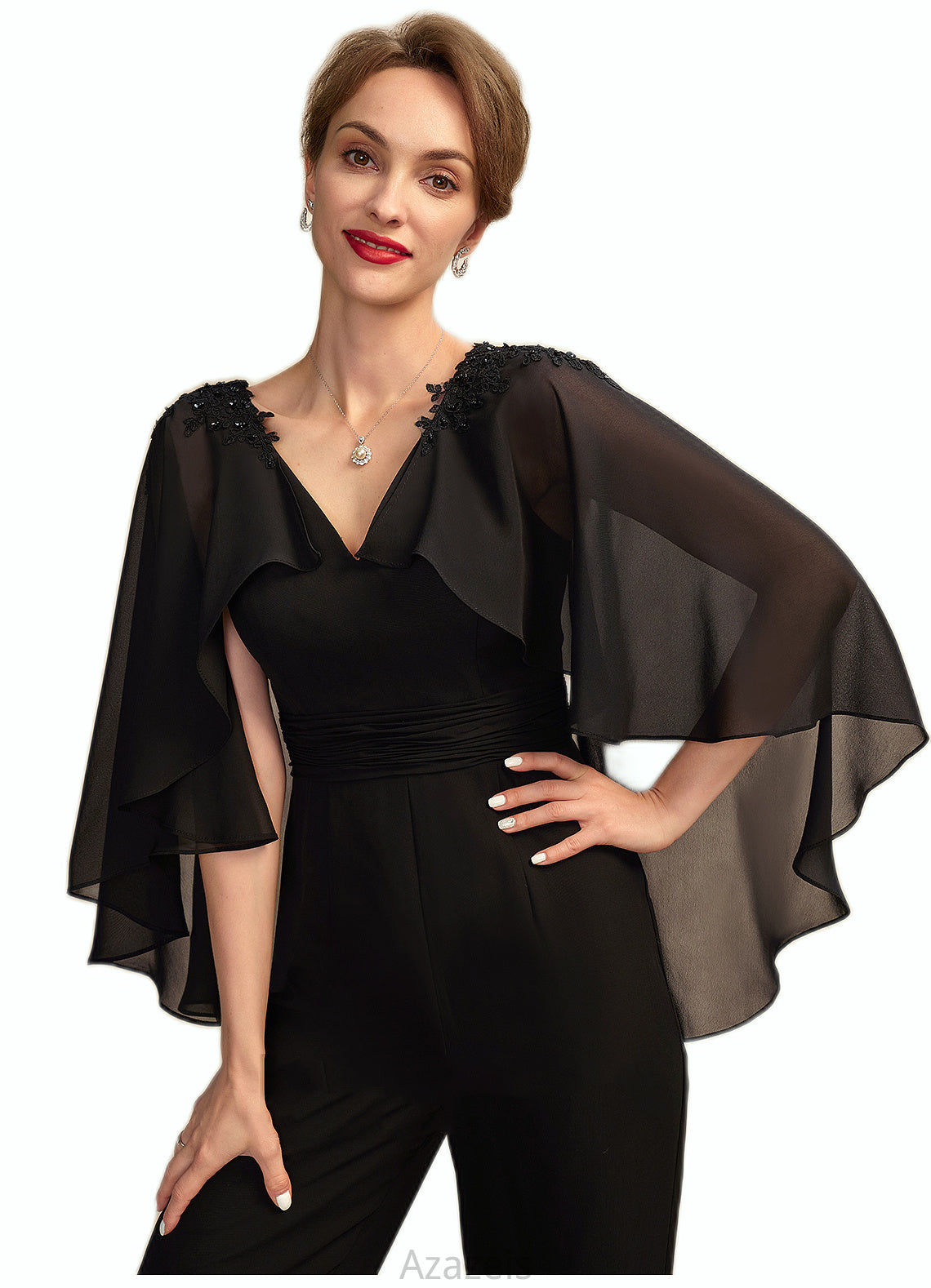 Abby Jumpsuit/Pantsuit V-neck Floor-Length Chiffon Mother of the Bride Dress With Ruffle Beading Appliques Lace Sequins DF126P0015033