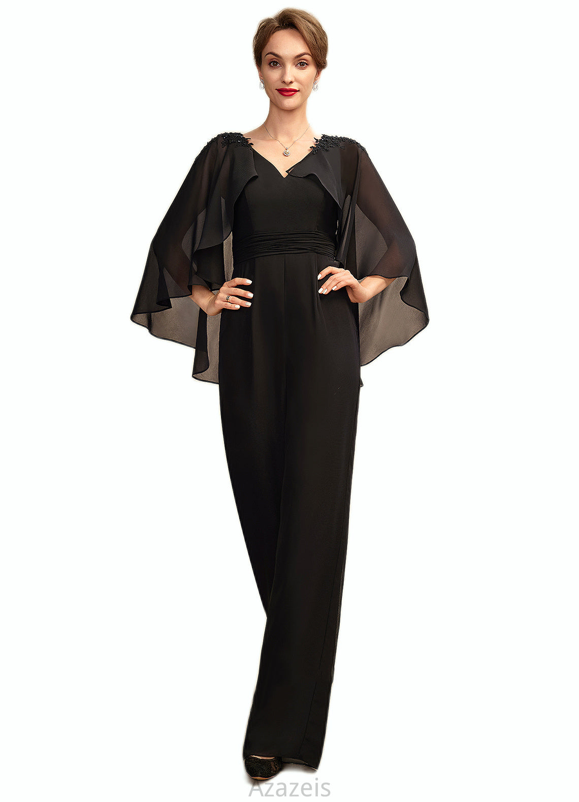 Abby Jumpsuit/Pantsuit V-neck Floor-Length Chiffon Mother of the Bride Dress With Ruffle Beading Appliques Lace Sequins DF126P0015033