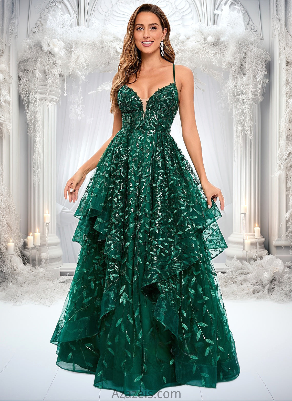 Frida Ball-Gown/Princess V-Neck Floor-Length Lace Floral Prom Dresses With Sequins DFP0025838