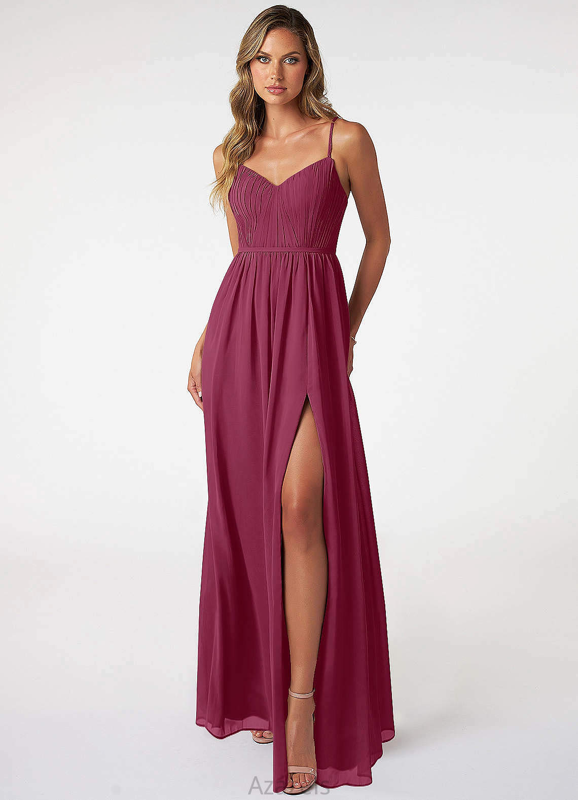 Amya Sleeveless Floor Length Natural Waist A-Line/Princess Spaghetti Staps Bridesmaid Dresses