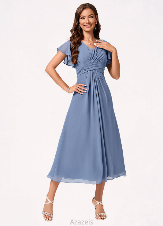 Barbara A-line V-Neck Tea-Length Chiffon Cocktail Dress With Ruffle DFP0022233