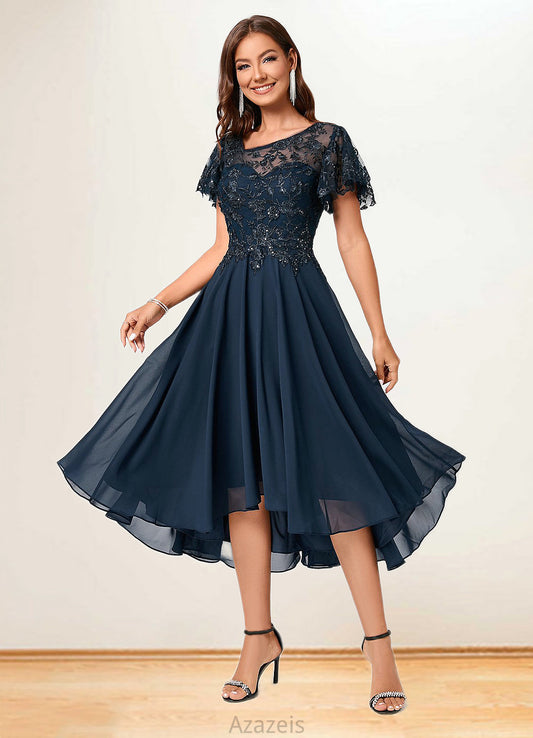 Ariella A-line Asymmetrical Asymmetrical Chiffon Lace Cocktail Dress With Ruffle Sequins DFP0022235