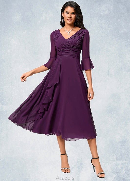 Paula A-line V-Neck Tea-Length Chiffon Cocktail Dress With Ruffle DFP0022236