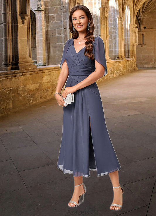 Kitty A-line V-Neck Tea-Length Chiffon Cocktail Dress With Ruffle DFP0022241