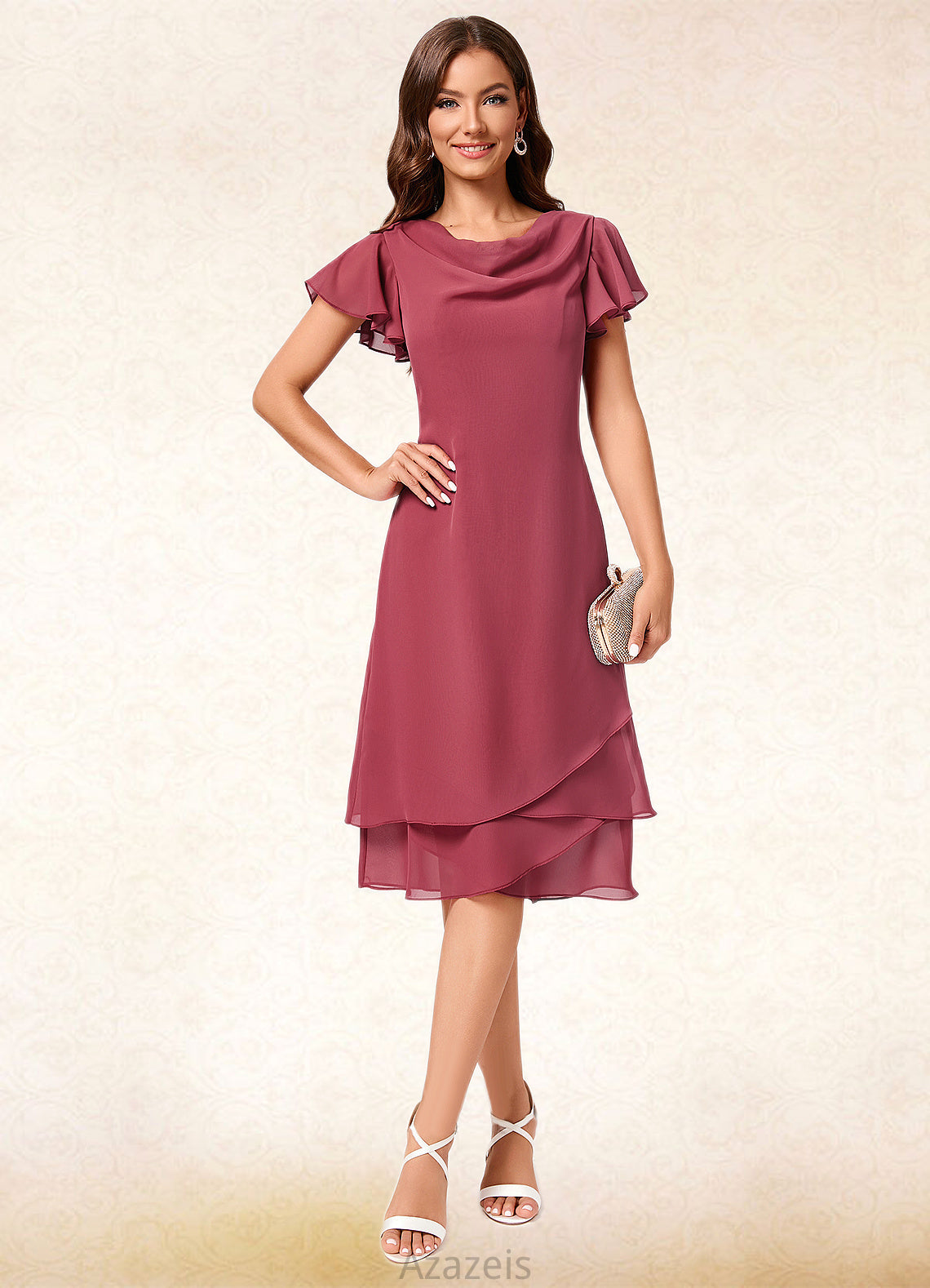 Quinn A-line Cowl Knee-Length Chiffon Cocktail Dress With Ruffle DFP0022243