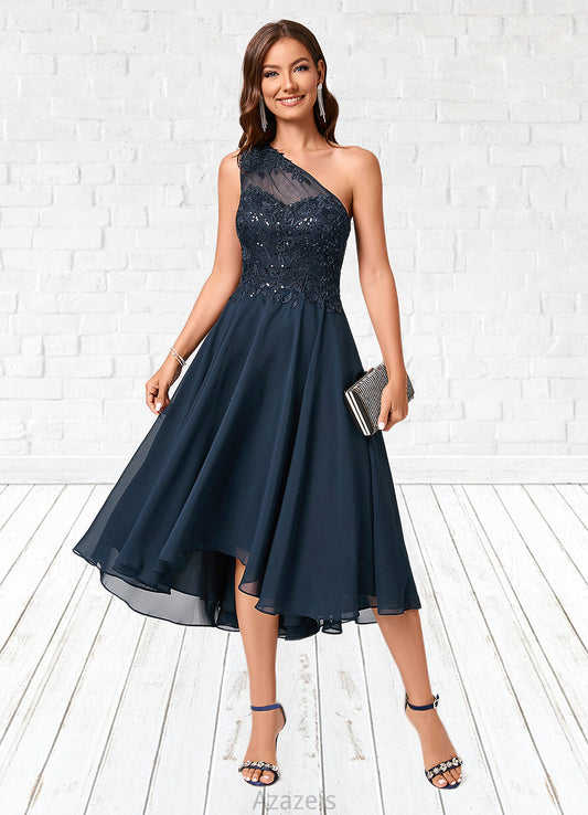 Charlie A-line One Shoulder Asymmetrical Chiffon Lace Sequin Cocktail Dress With Sequins DFP0022245