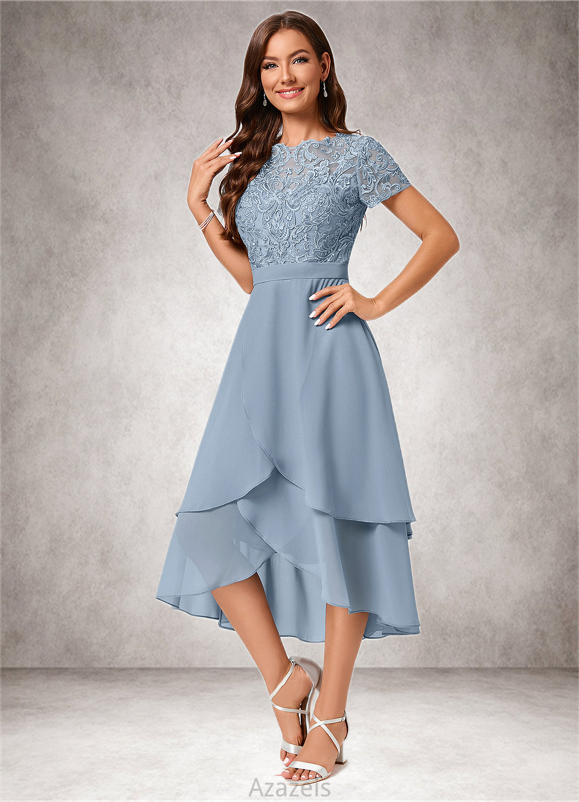 Kimberly A-line Scoop Asymmetrical Chiffon Lace Cocktail Dress DFP0022246