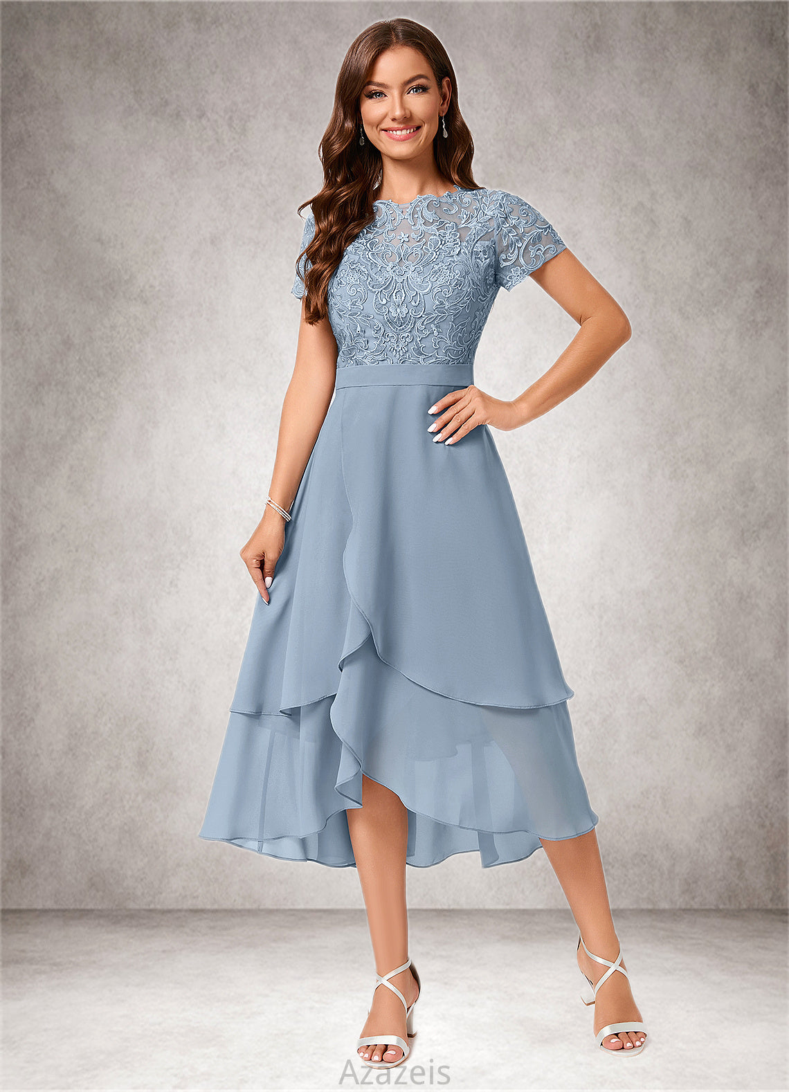 Kimberly A-line Scoop Asymmetrical Chiffon Lace Cocktail Dress DFP0022246