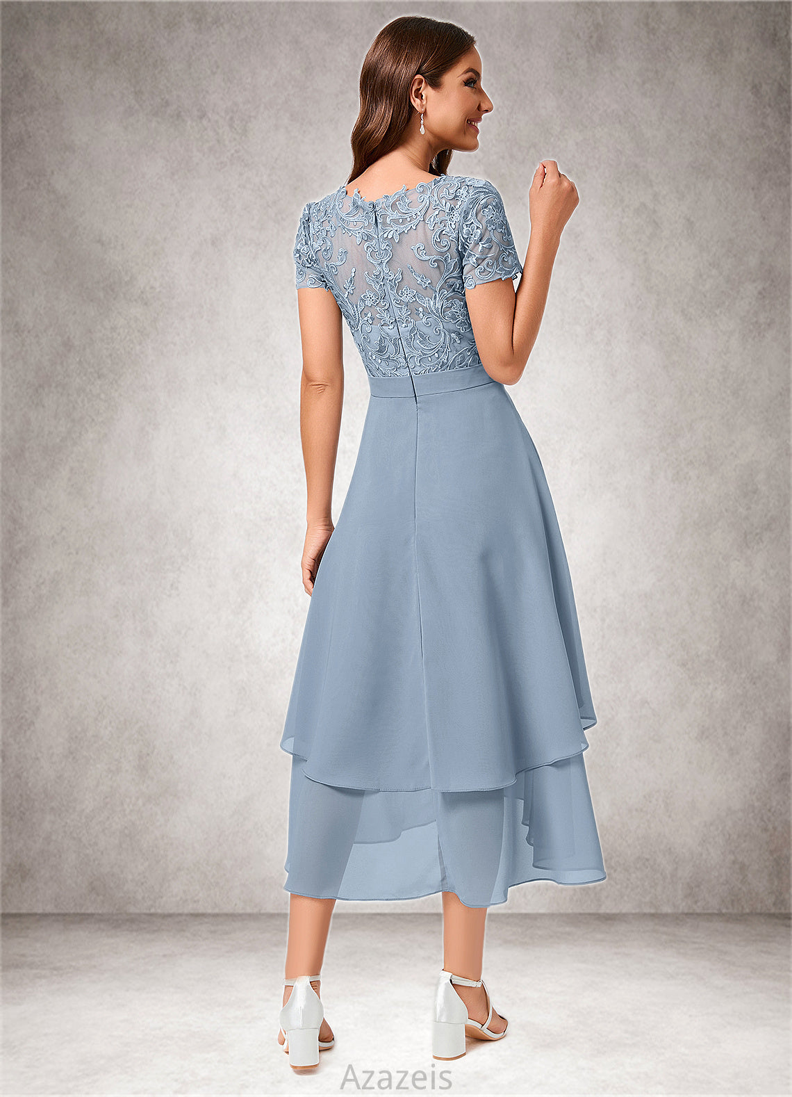 Kimberly A-line Scoop Asymmetrical Chiffon Lace Cocktail Dress DFP0022246