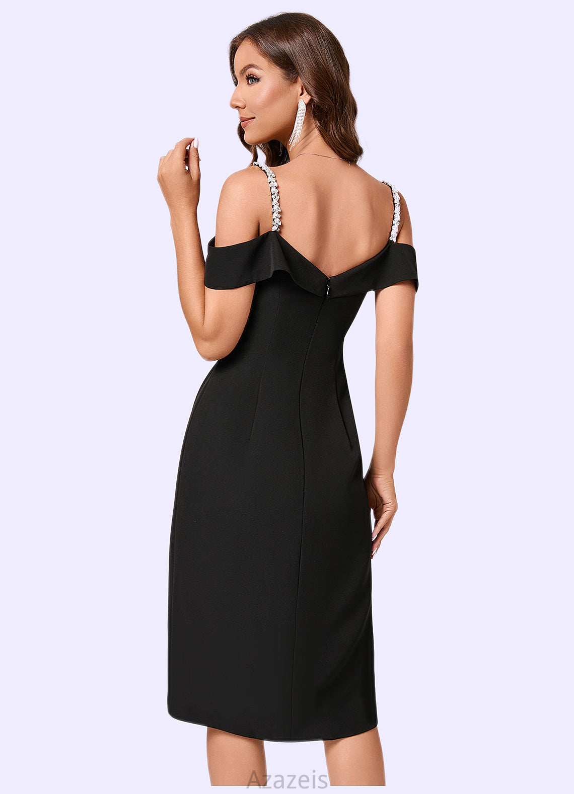 Cheyanne Sheath/Column Cold Shoulder Asymmetrical Stretch Crepe Cocktail Dress With Rhinestone Ruffle DFP0022259
