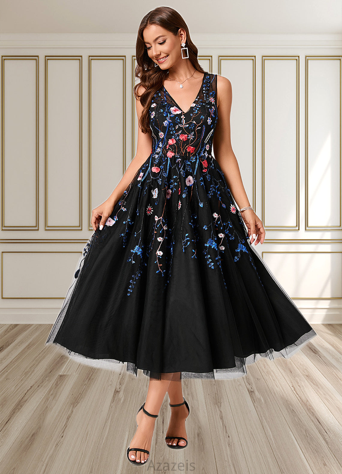 Ingrid A-line V-Neck Tea-Length Lace Tulle Cocktail Dress With Appliques Lace DFP0022260