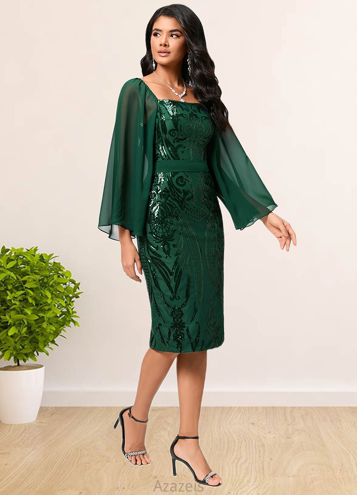 Tanya Sheath/Column Square Knee-Length Chiffon Lace Sequin Cocktail Dress DFP0022281