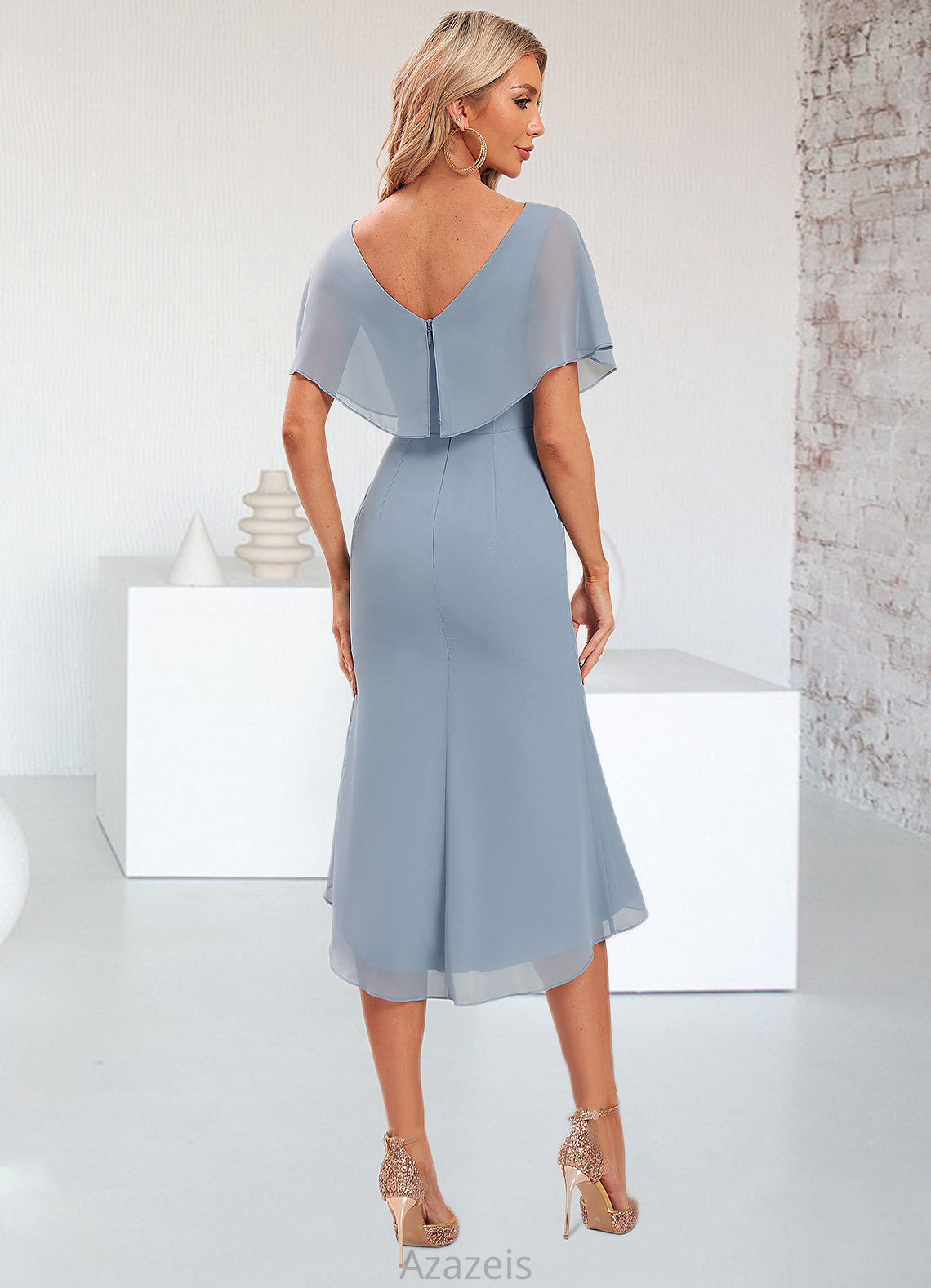 Frances Sheath/Column V-Neck Asymmetrical Chiffon Cocktail Dress With Ruffle DFP0022282