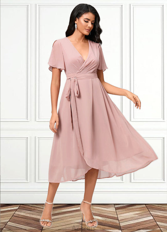 Liz A-line V-Neck Asymmetrical Chiffon Cocktail Dress With Bow Pleated DFP0022368