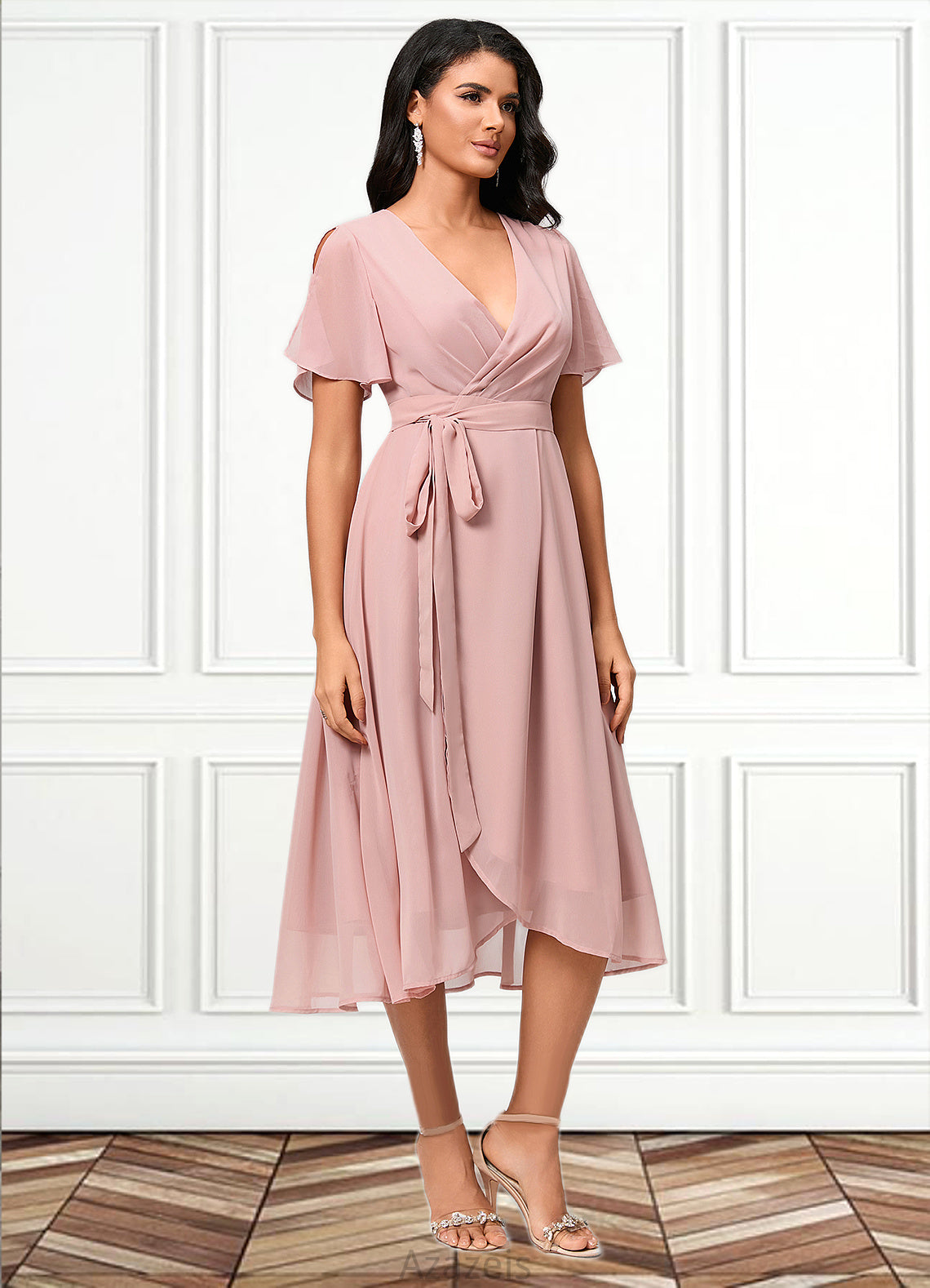 Liz A-line V-Neck Asymmetrical Chiffon Cocktail Dress With Bow Pleated DFP0022368