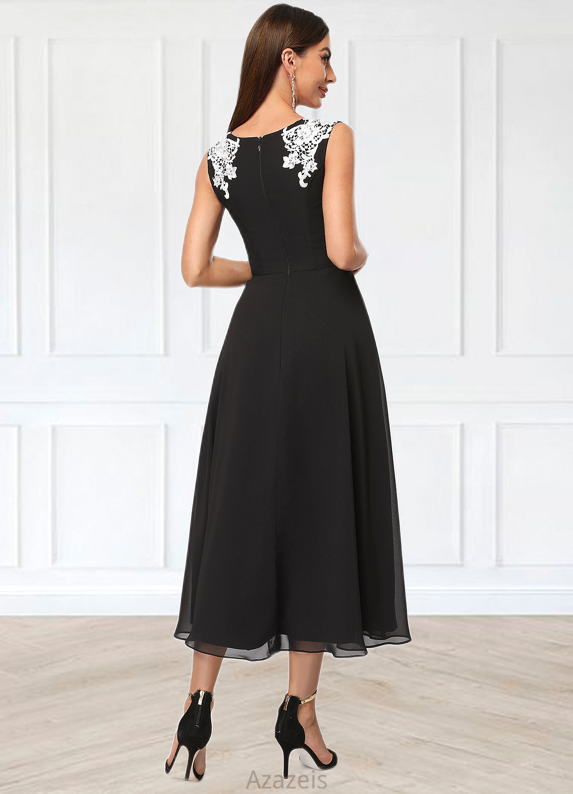Saige A-line V-Neck Tea-Length Chiffon Lace Cocktail Dress With Appliques Lace DFP0022387