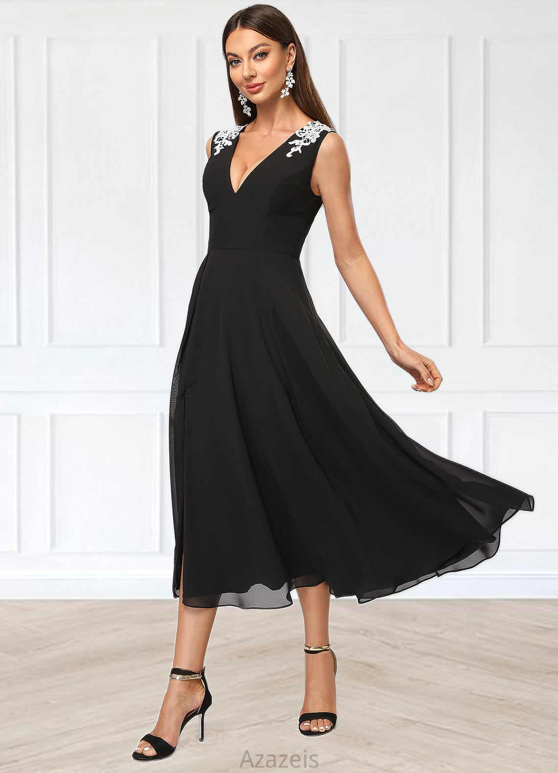 Saige A-line V-Neck Tea-Length Chiffon Lace Cocktail Dress With Appliques Lace DFP0022387