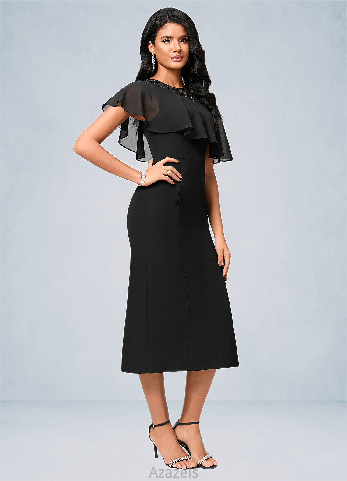Gretchen Sheath/Column Scoop Tea-Length Chiffon Cocktail Dress With Appliques Lace DFP0022388