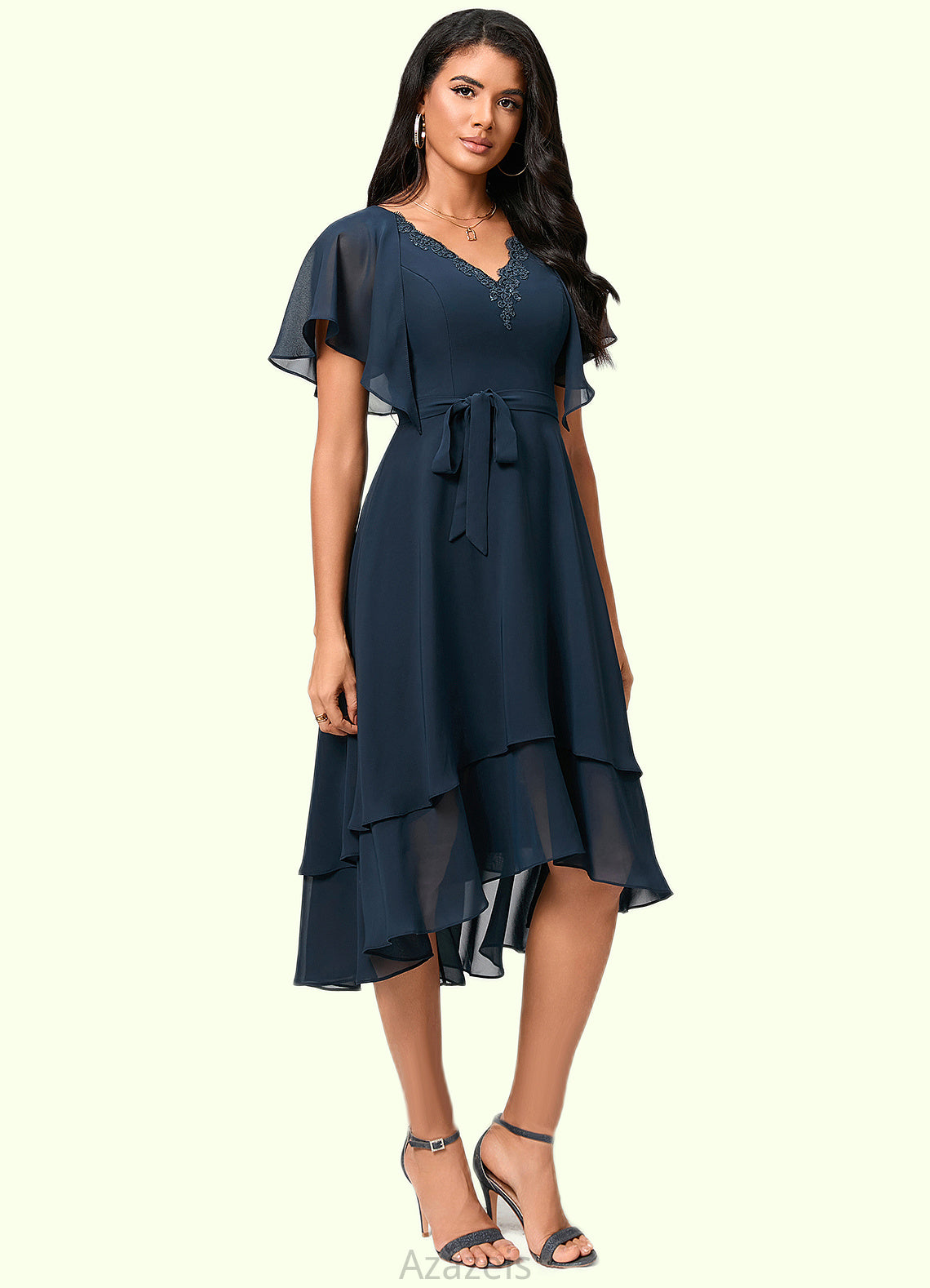 Gretchen A-line V-Neck Asymmetrical Chiffon Lace Cocktail Dress DFP0022461