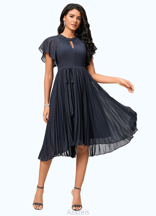 Averie A-line Scoop Asymmetrical Chiffon Cocktail Dress With Bow Pleated DFP0022530
