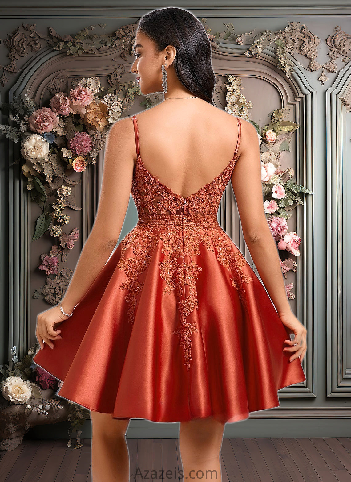 Alanna A-line Scoop Short Satin Lace Homecoming Dress With Sequins DFP0025683