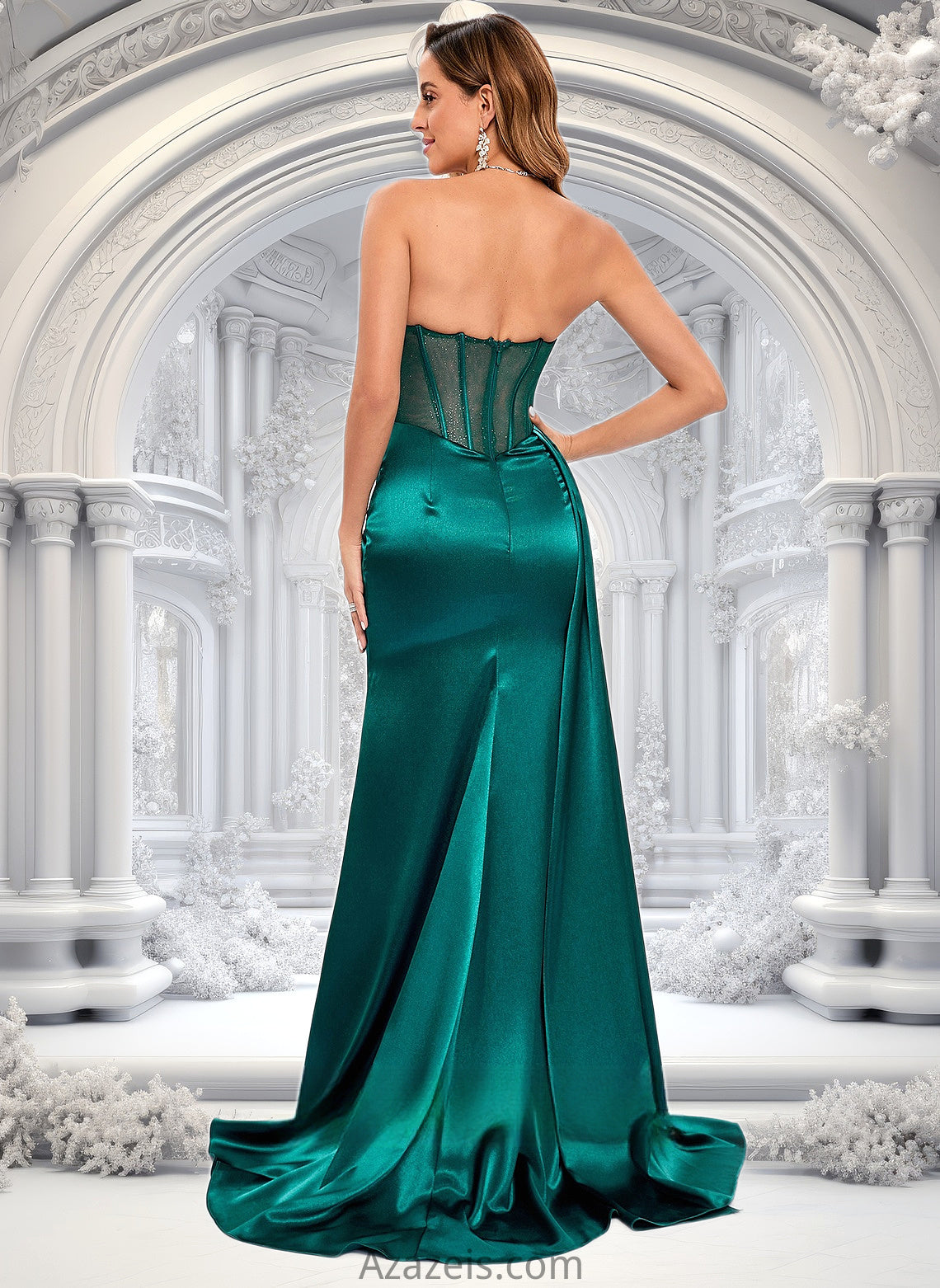 Nevaeh Trumpet/Mermaid Straight Sweep Train Stretch Satin Prom Dresses With Pleated DFP0025849
