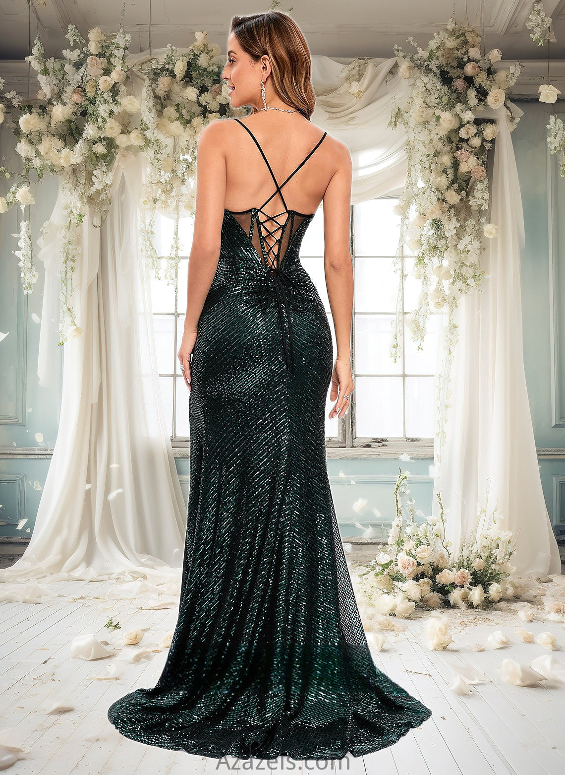 Lynn Trumpet/Mermaid V-Neck Sweep Train Sequin Prom Dresses With Sequins DFP0025839