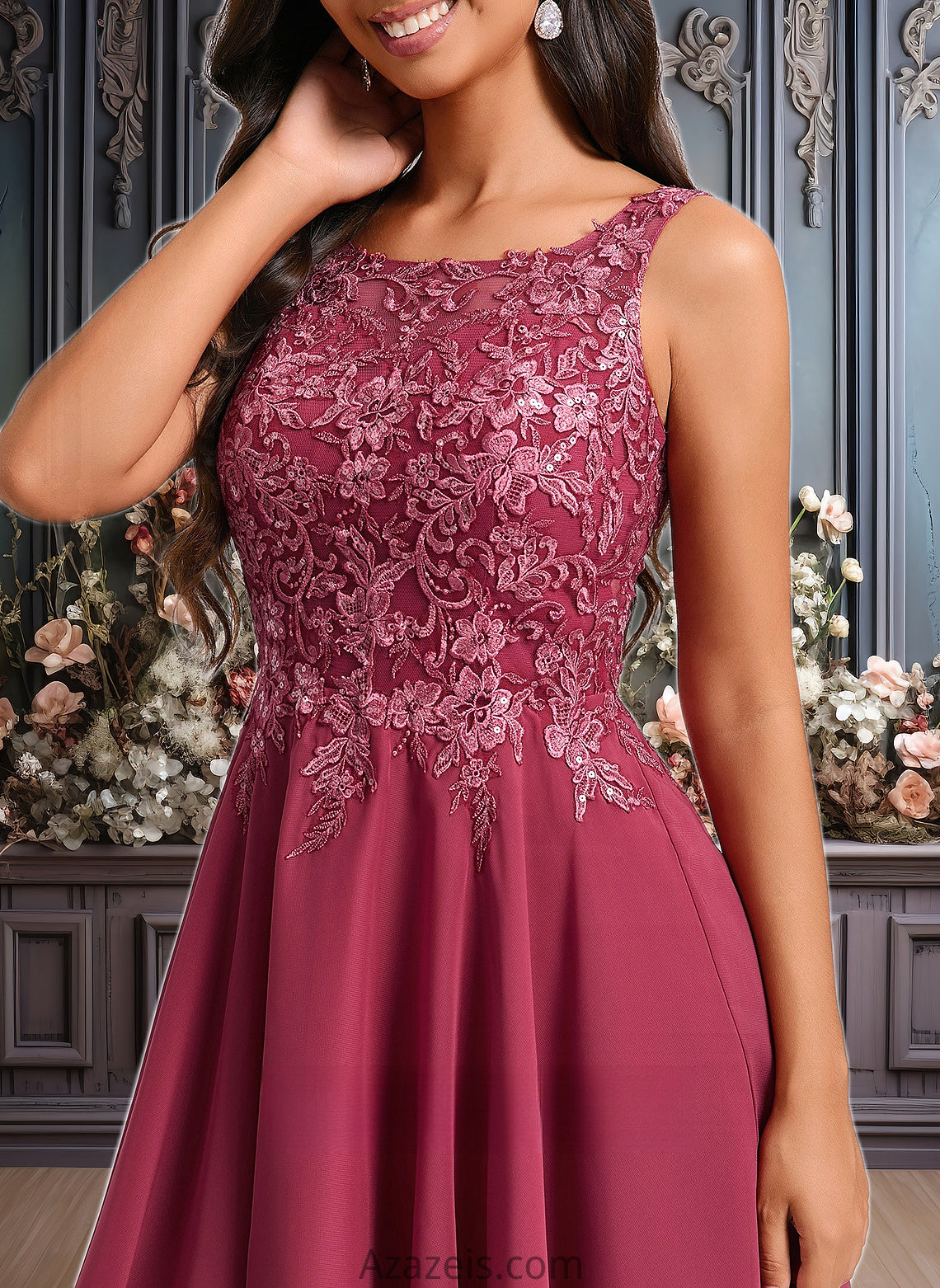 Jocelynn A-line Scoop Short Chiffon Homecoming Dress With Sequins Appliques Lace DFP0025681