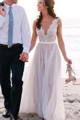 Beach New Style Elegant Modest V-Neck A-Line Backless Tulle Wedding Dresses