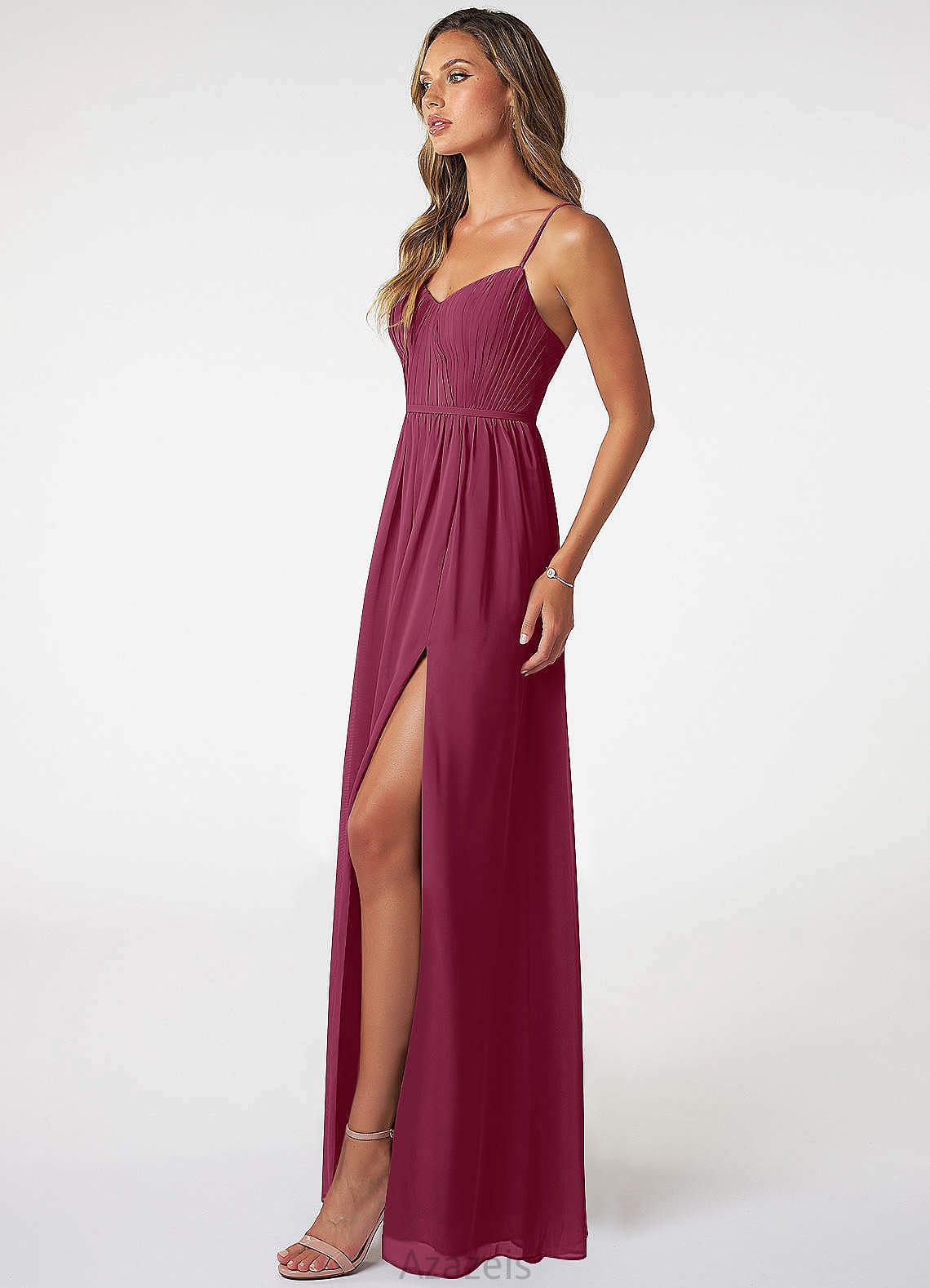 Amya Sleeveless Floor Length Natural Waist A-Line/Princess Spaghetti Staps Bridesmaid Dresses