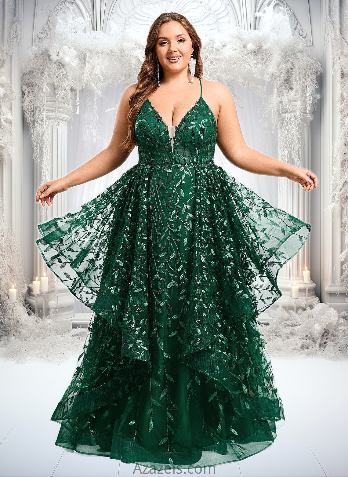 Frida Ball-Gown/Princess V-Neck Floor-Length Lace Floral Prom Dresses With Sequins DFP0025838