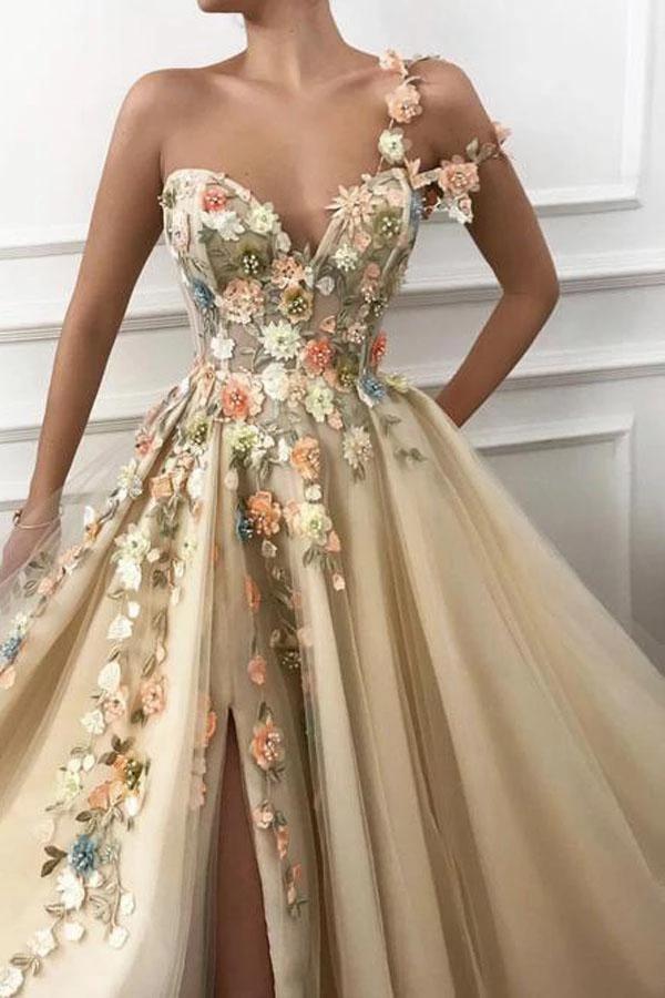 A Line One Shoulder V Neck 3D Flowers Prom Dresses, Tulle Sleeveless Evening Dresses SRS15009