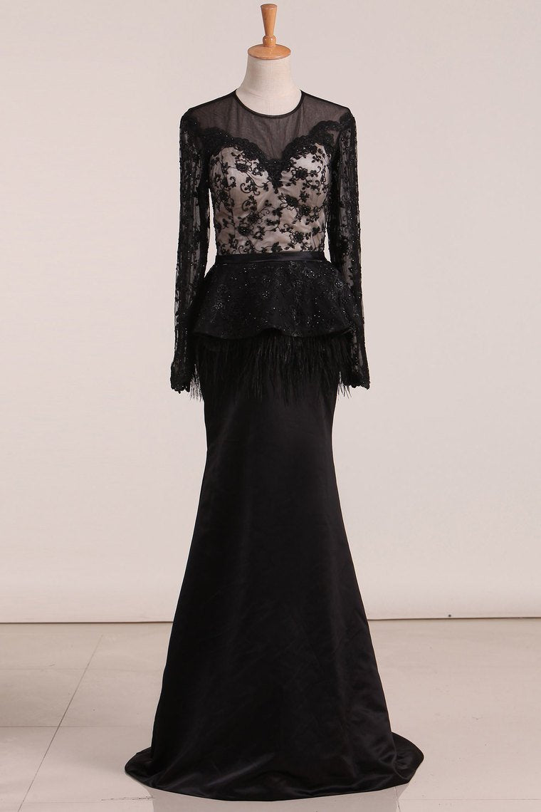 2024 New Arrival Scoop Long Sleeves Mermaid Prom Dresses With Beading Satin