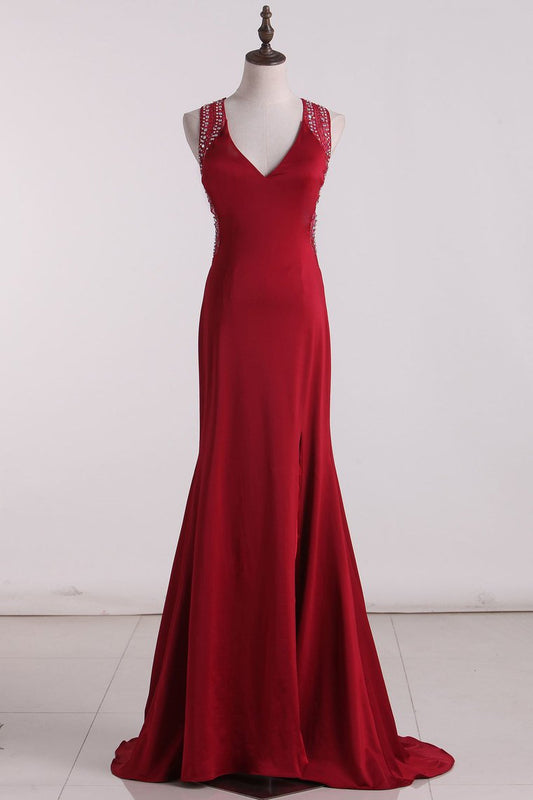 2024 Spandex V Neck With Beading Prom Dresses Mermaid Open Back