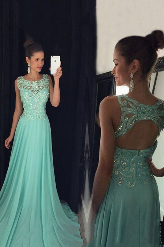 2024 Chiffon Scoop Prom Dresses A Line With Applique And Beads Open Back