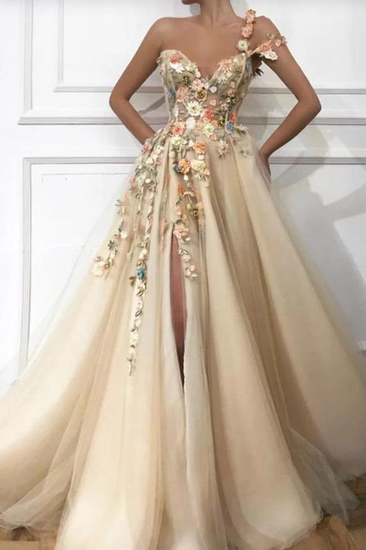 A Line One Shoulder V Neck 3D Flowers Prom Dresses, Tulle Sleeveless Evening Dresses SRS15009