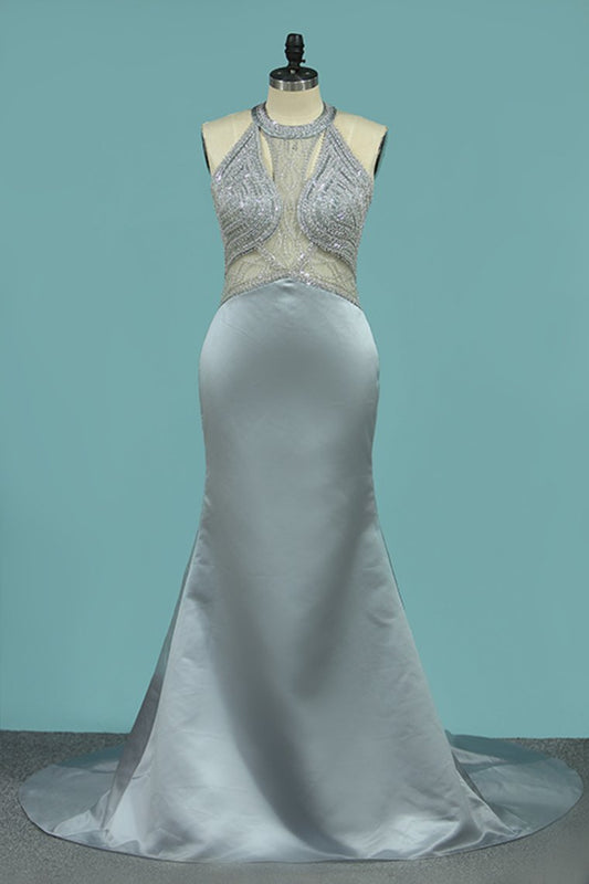 2024 Prom Dresses Mermaid Scoop Open Back Beaded Bodice Satin